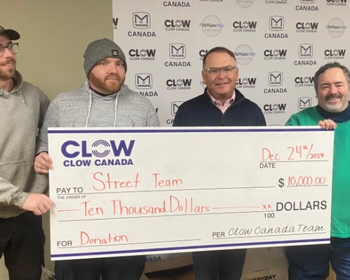Pictured L-R: Matt Driscoll, Cris Arsenault (Local 835), Rick Benoit (VP Clow Canada) and Ivan McCullough (STSJ)
