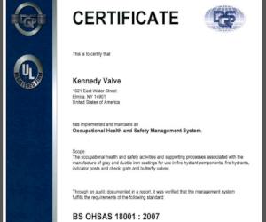 Kennedy Valve reçoit la certification OHSAS 18001
